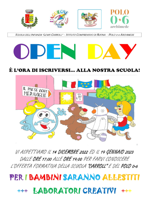 Locandina Open Day 2022-2023 Scuola dell'Infanzia L. Carroll - Rufina